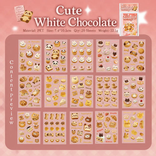 Overview of the Cute White Chocolate style in the Baking Story Journaling Sticker Set with bakery and animal pastry designs