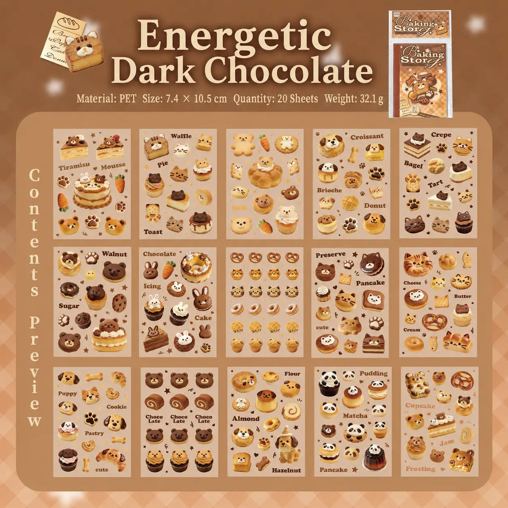 Overview of the Energetic Dark Chocolate style in the Baking Story Journaling Sticker Set with bread, cake, and animal dessert stickers
