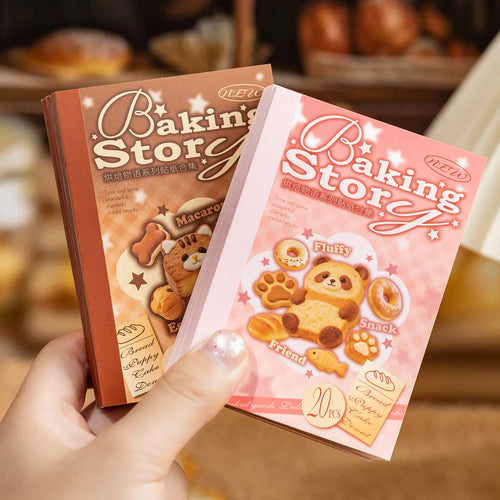 Baking Story Journaling Sticker Set shown in hand with pink and brown bakery-themed covers