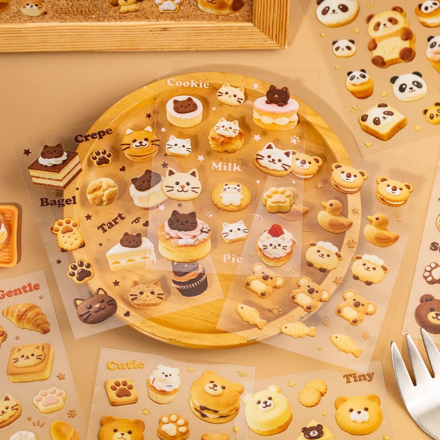 Transparent bakery-themed sticker sheets from the Baking Story Journaling Sticker Set displayed with animal pastries and dessert designs