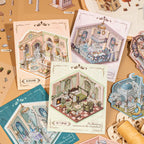 Flat lay of finished Baroque Garden miniature scene cards with rooms, garden, and cottage designs