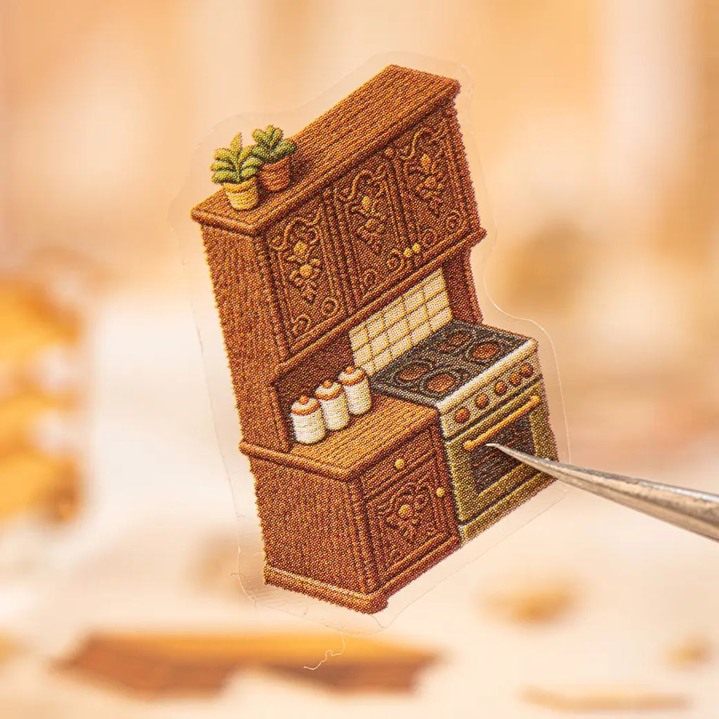 Journal spread decorated with miniature house, garden, cat, and magic room scene stickers