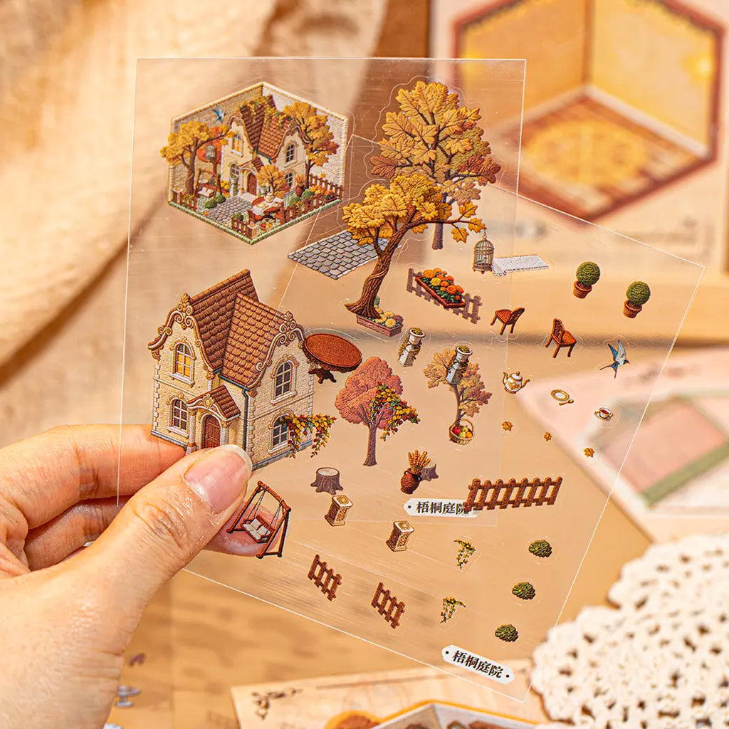 Close-up of a small vintage kitchen cabinet sticker from the Baroque Magic House kit