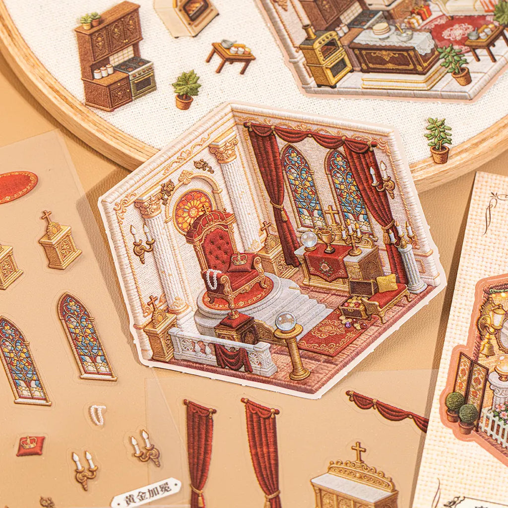 Close-up of a red and gold Baroque Magic House miniature room scene sticker