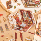 Close-up of a red and gold Baroque Magic House miniature room scene sticker