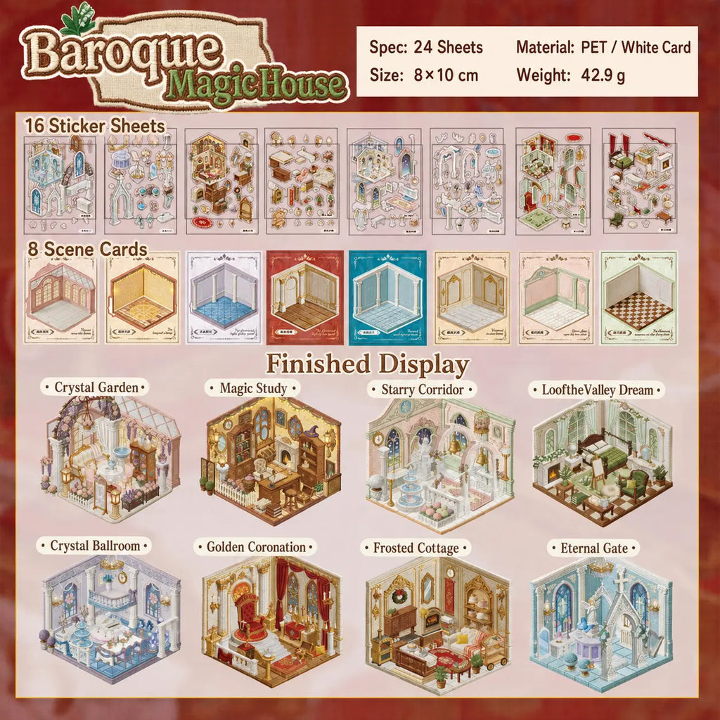 Baroque Magic House 3D scene sticker kit overview with 16 sticker sheets and 8 scene cards