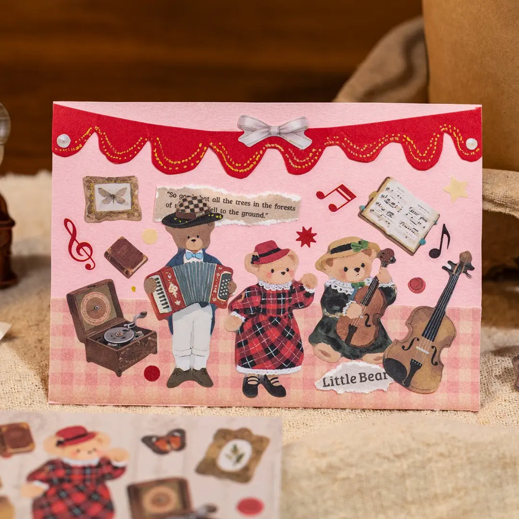 Handmade card decorated with Bear Diary stickers showing three bears with musical instruments and vintage music details