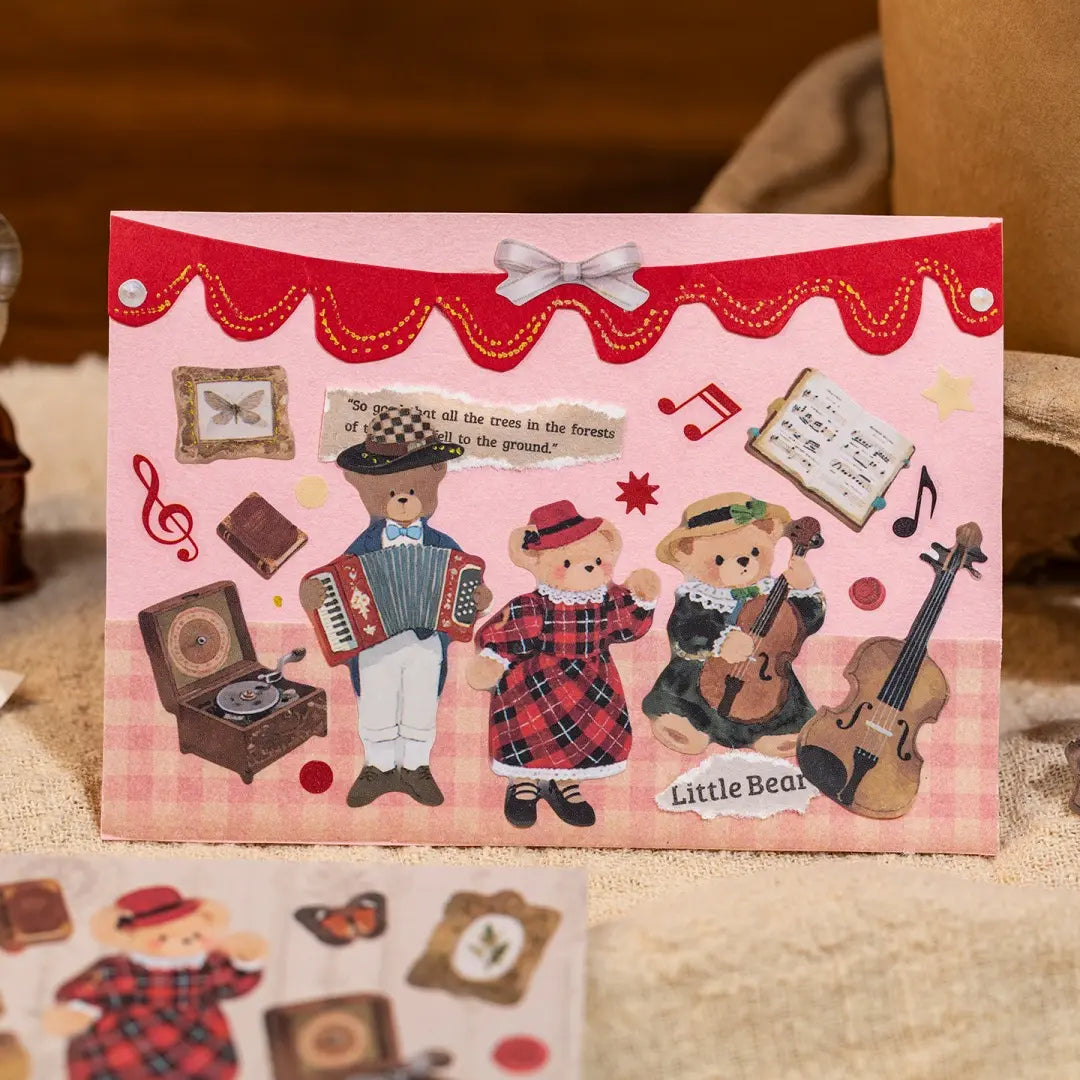 Handmade card decorated with Bear Diary stickers showing three bears with musical instruments and vintage music details