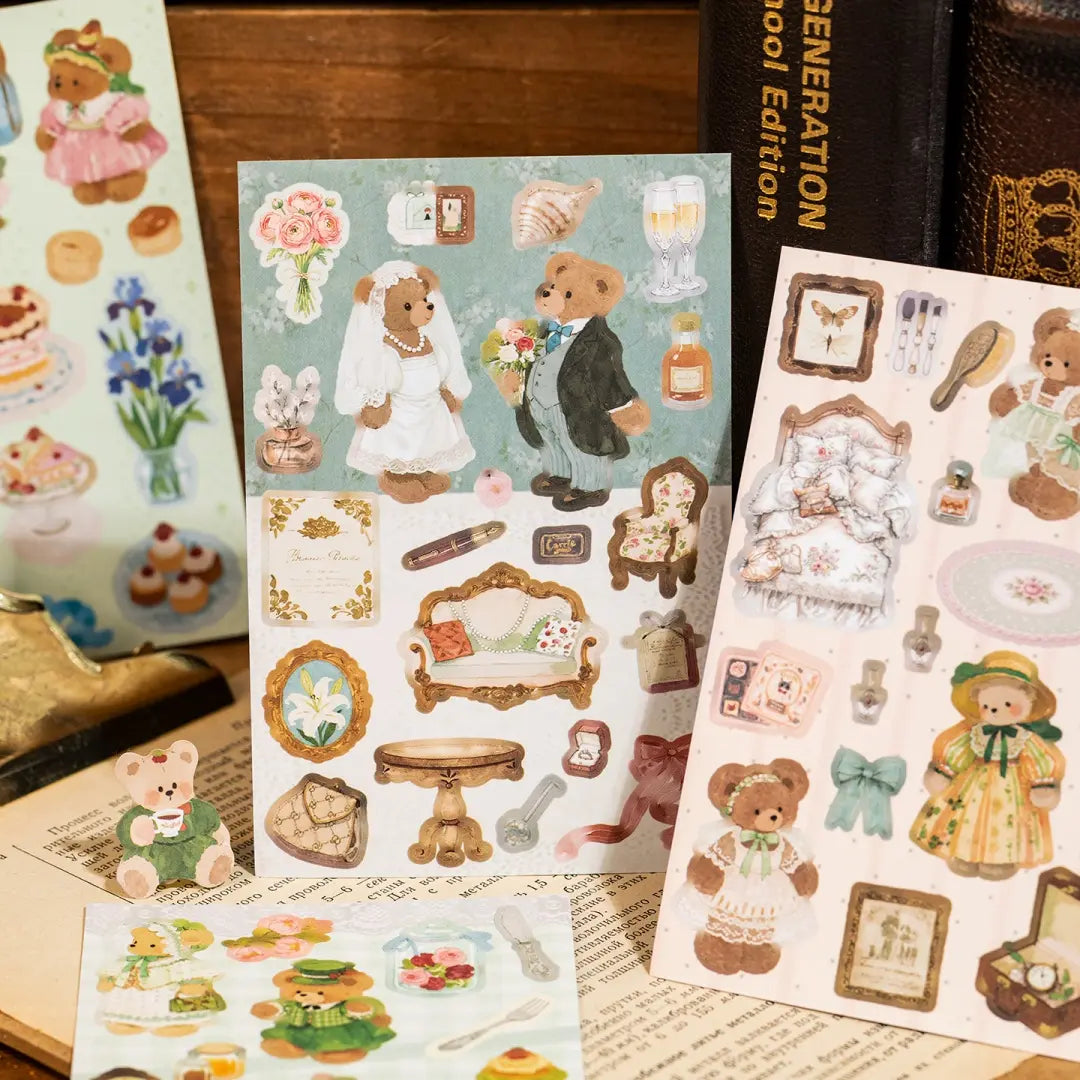 Bear Diary sticker sheet with bride and groom bears, vintage furniture, flowers, rings, and wedding-themed decorative elements