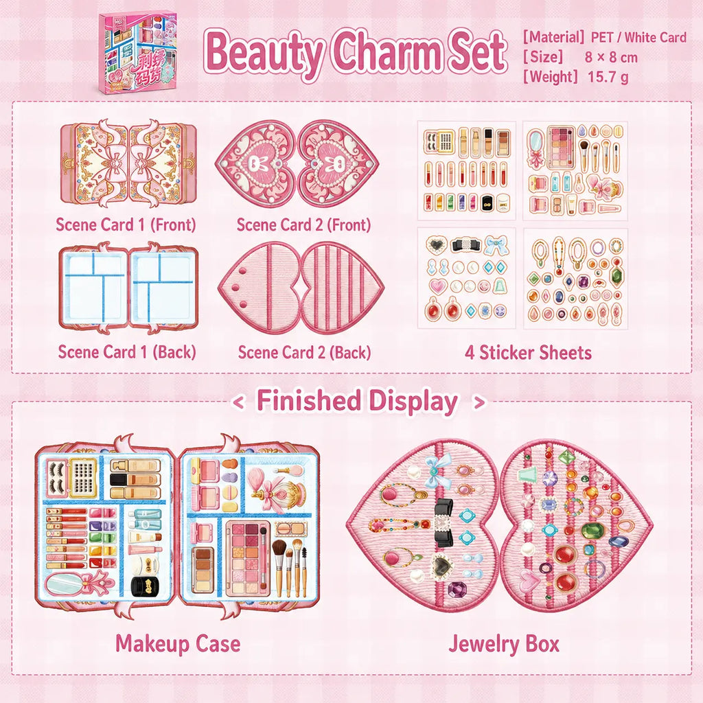 Beauty Charm miniature scene sticker kit with makeup case and heart-shaped jewelry box scenes