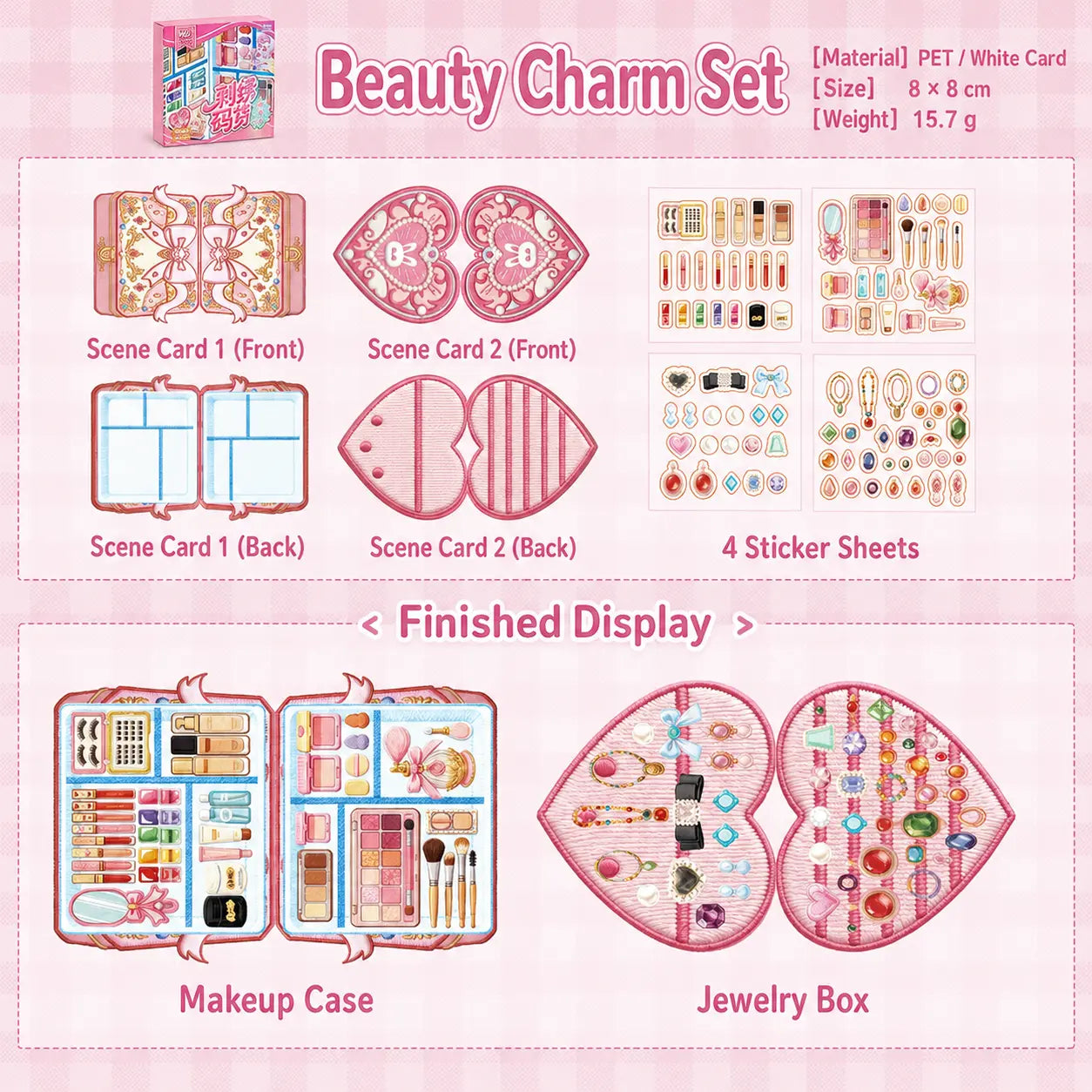 Beauty Charm miniature scene sticker kit with makeup case and heart-shaped jewelry box scenes