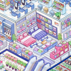 Close-up of bedding store area in a supermarket 3D miniature scene sticker book with beds, pillows, blankets and home decor