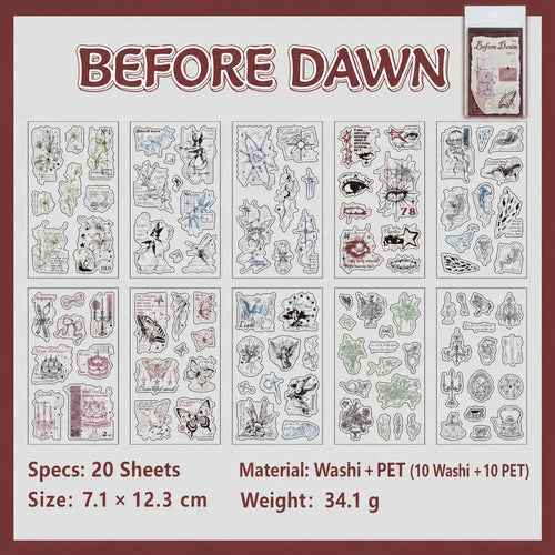 Before Dawn journaling sticker set with 20 sheets of butterflies, florals, figures, and vintage objects