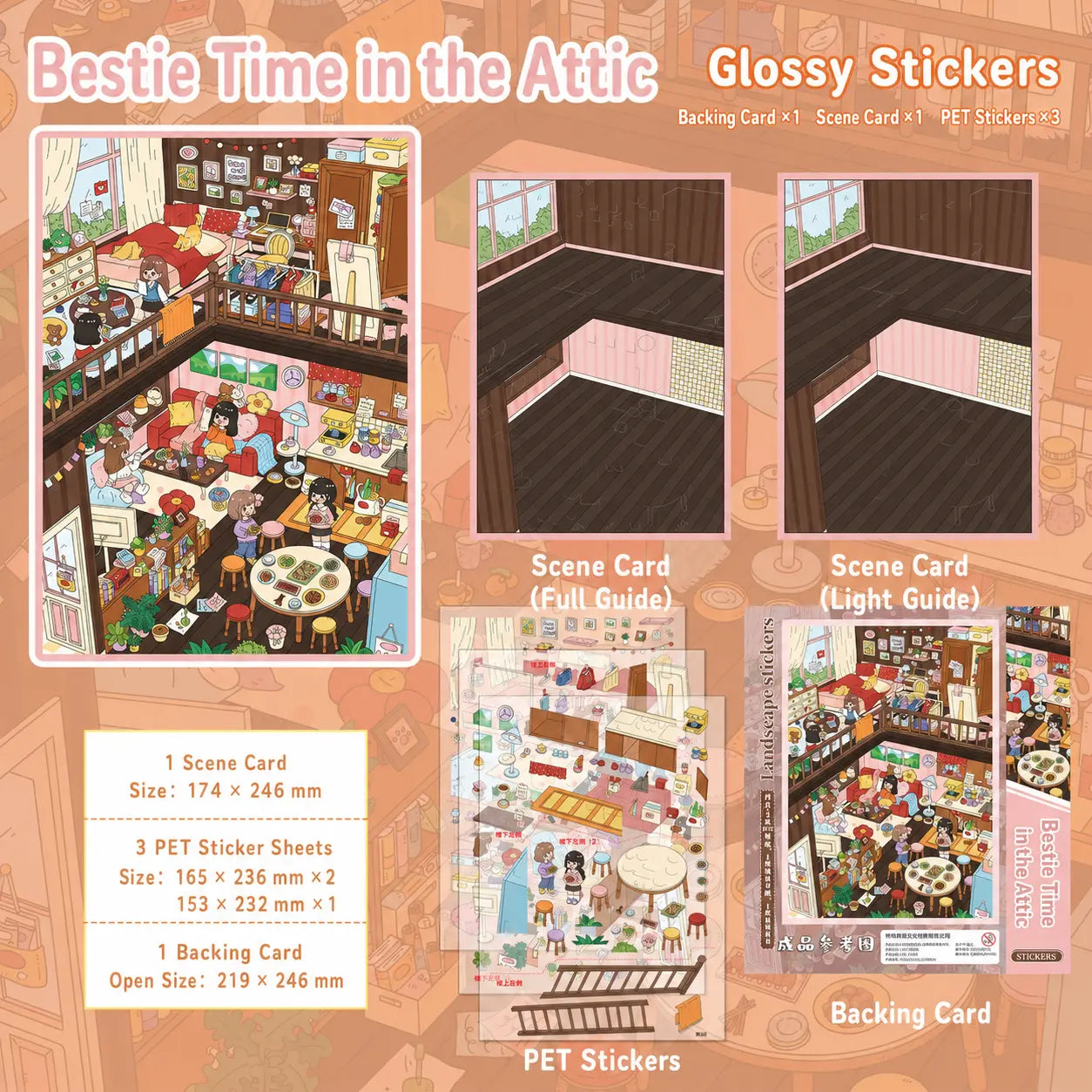 Bestie Time in the Attic 3D scene sticker kit contents with scene card, PET sticker sheets, backing card, and glossy sticker details