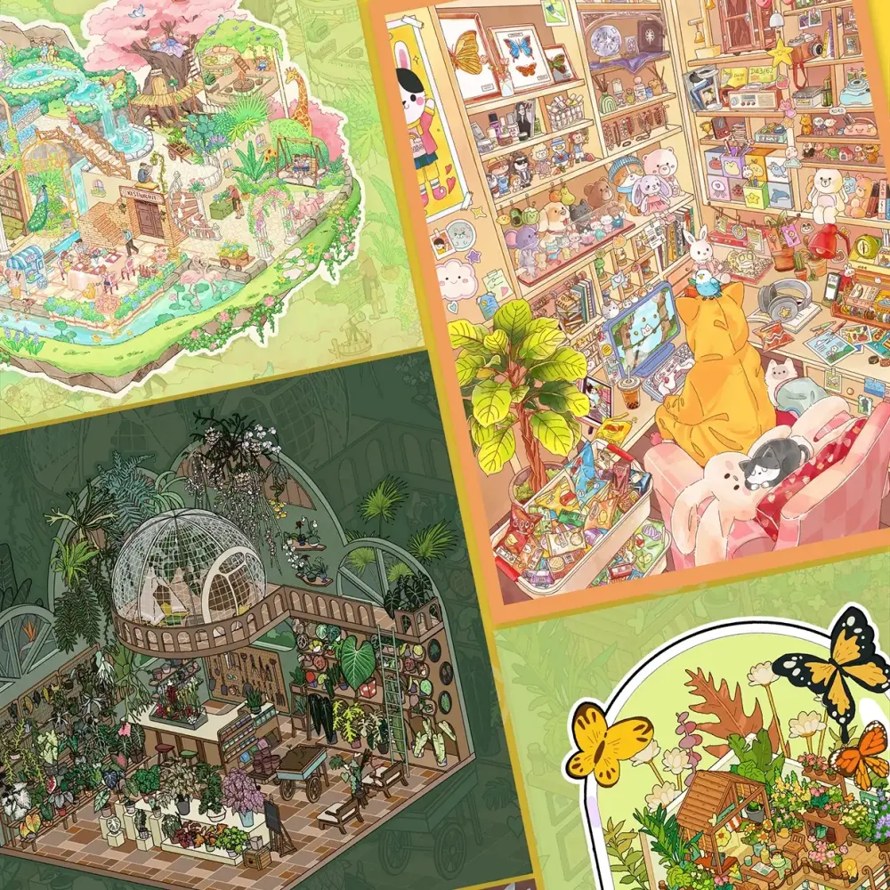 BibiDuck 1.0 3D scene sticker kit set overview with miniature scene-building sticker designs