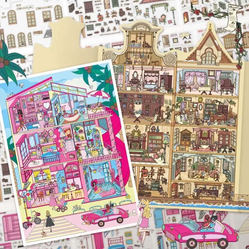 BibiDuck 4.0 3D scene sticker kit set overview with miniature room and scene designs