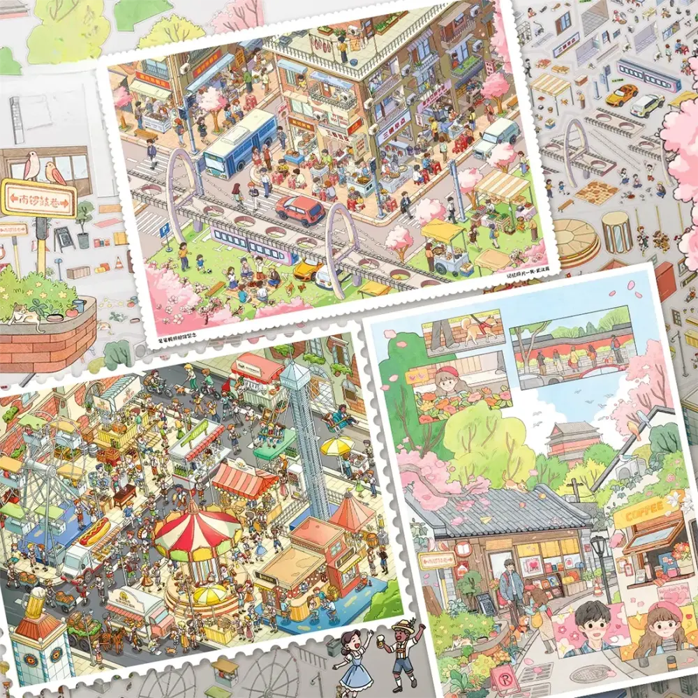 BibiDuck 7.0 retro room 3D scene sticker kit set overview with coffee house, computer room, afternoon tea, and suitcase scenes