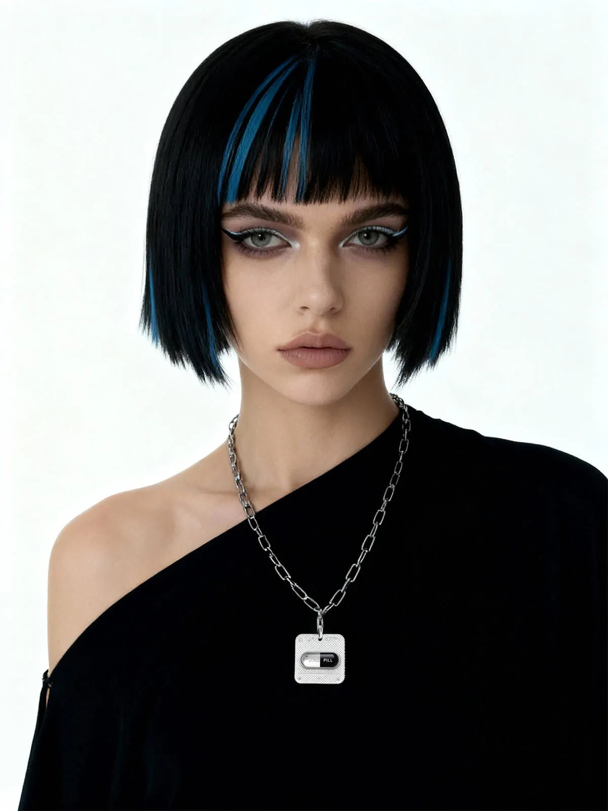 Y3K black capsule NFC silver necklace worn by model, front view