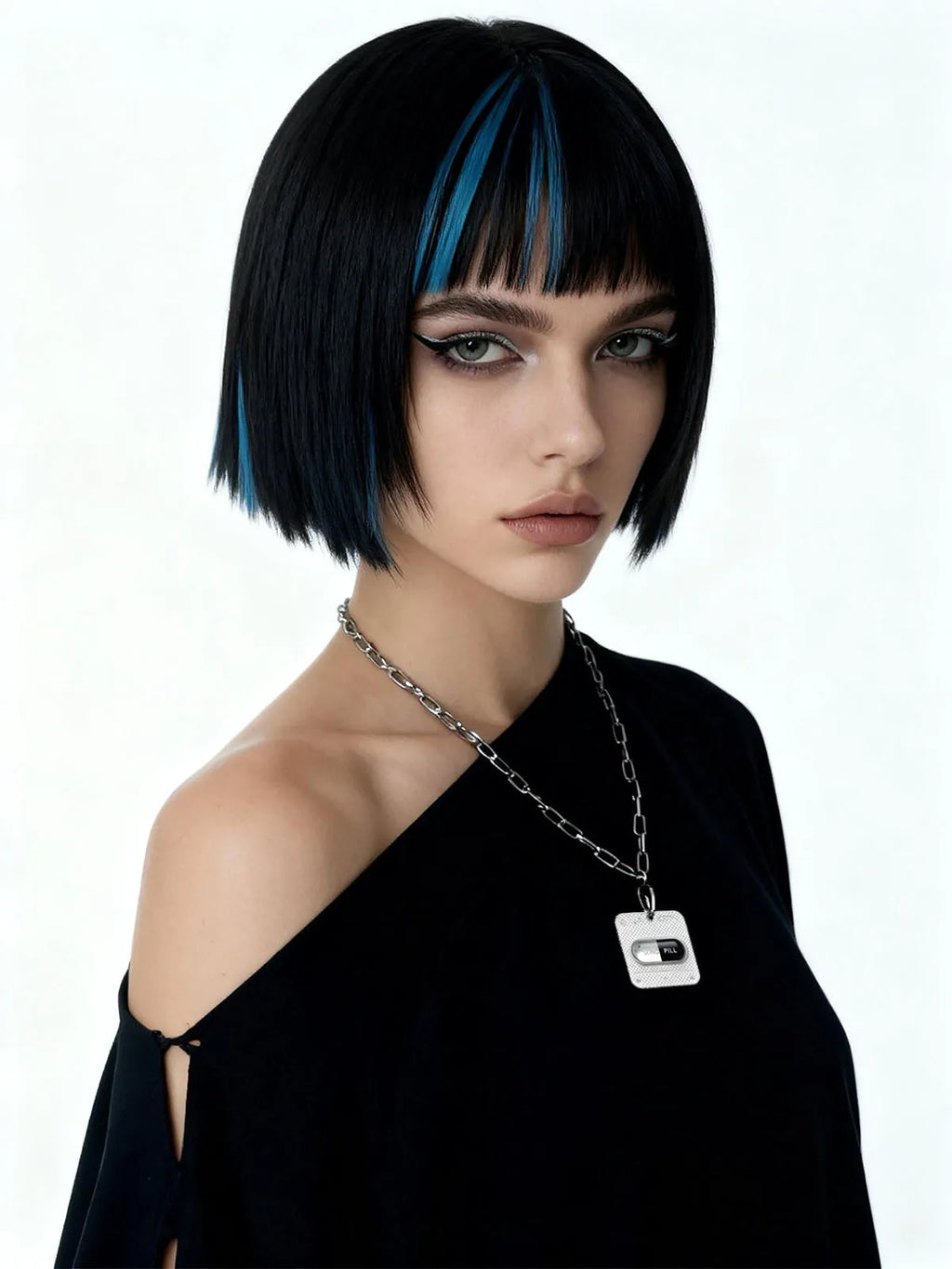 Y3K black capsule NFC silver necklace worn by model, side view