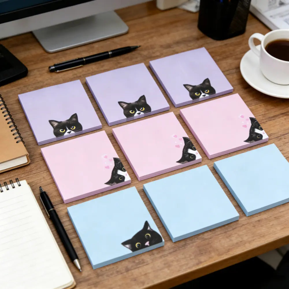 Black Cat sticky notes packaging view with assorted animal memo pads for desk notes and journals.