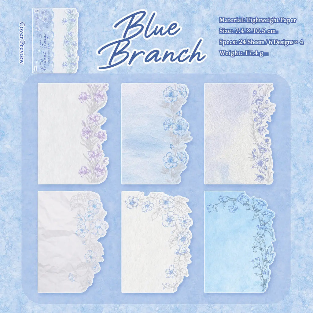 Blue Branch floral journaling sticker pack with blue botanical line art and scalloped paper edges