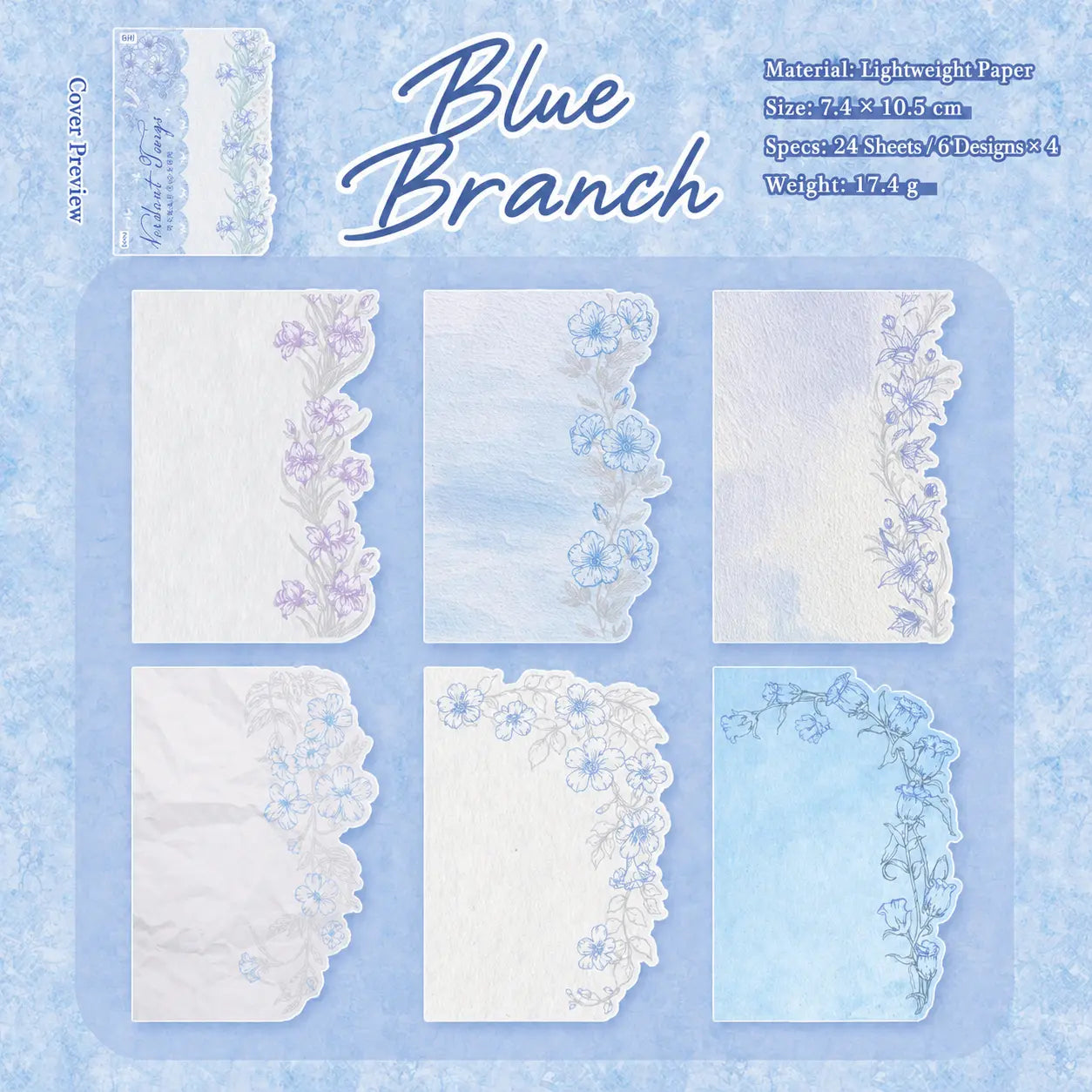 Blue Branch floral journaling sticker pack with blue botanical line art and scalloped paper edges