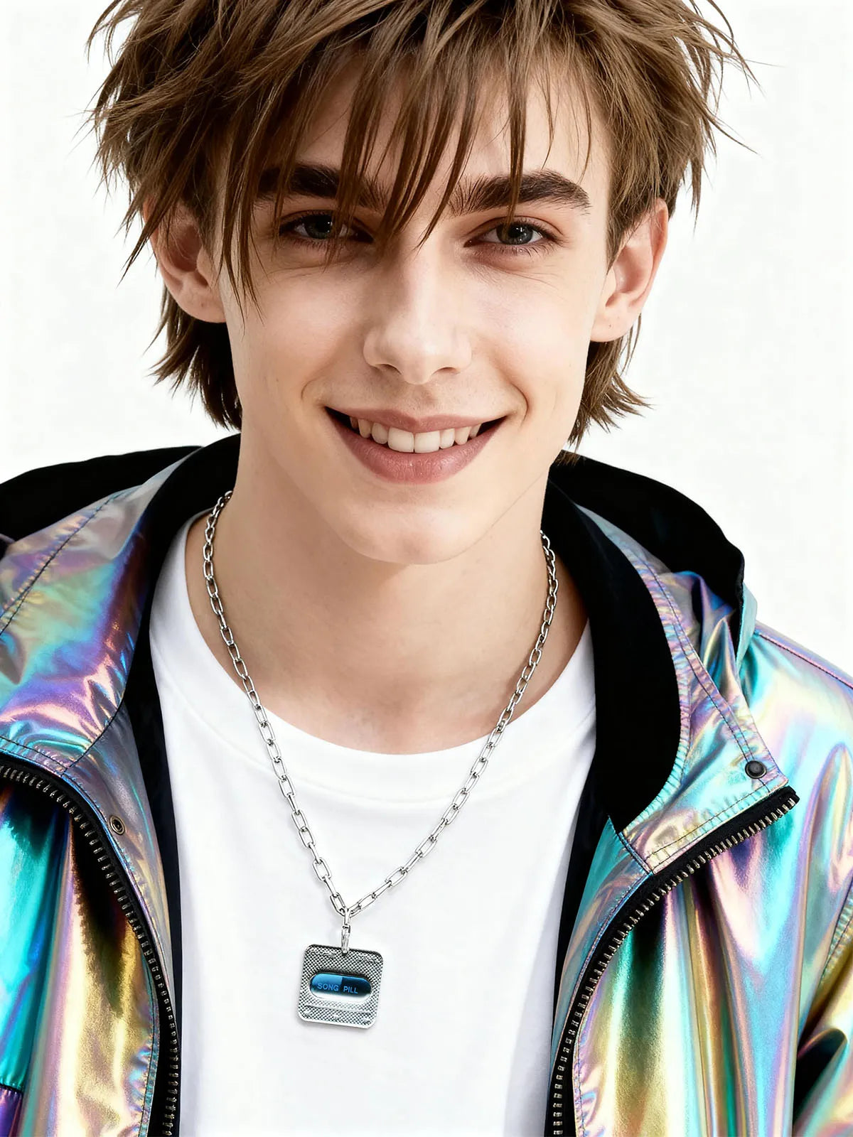 Y3K blue capsule NFC silver necklace worn by model, front view