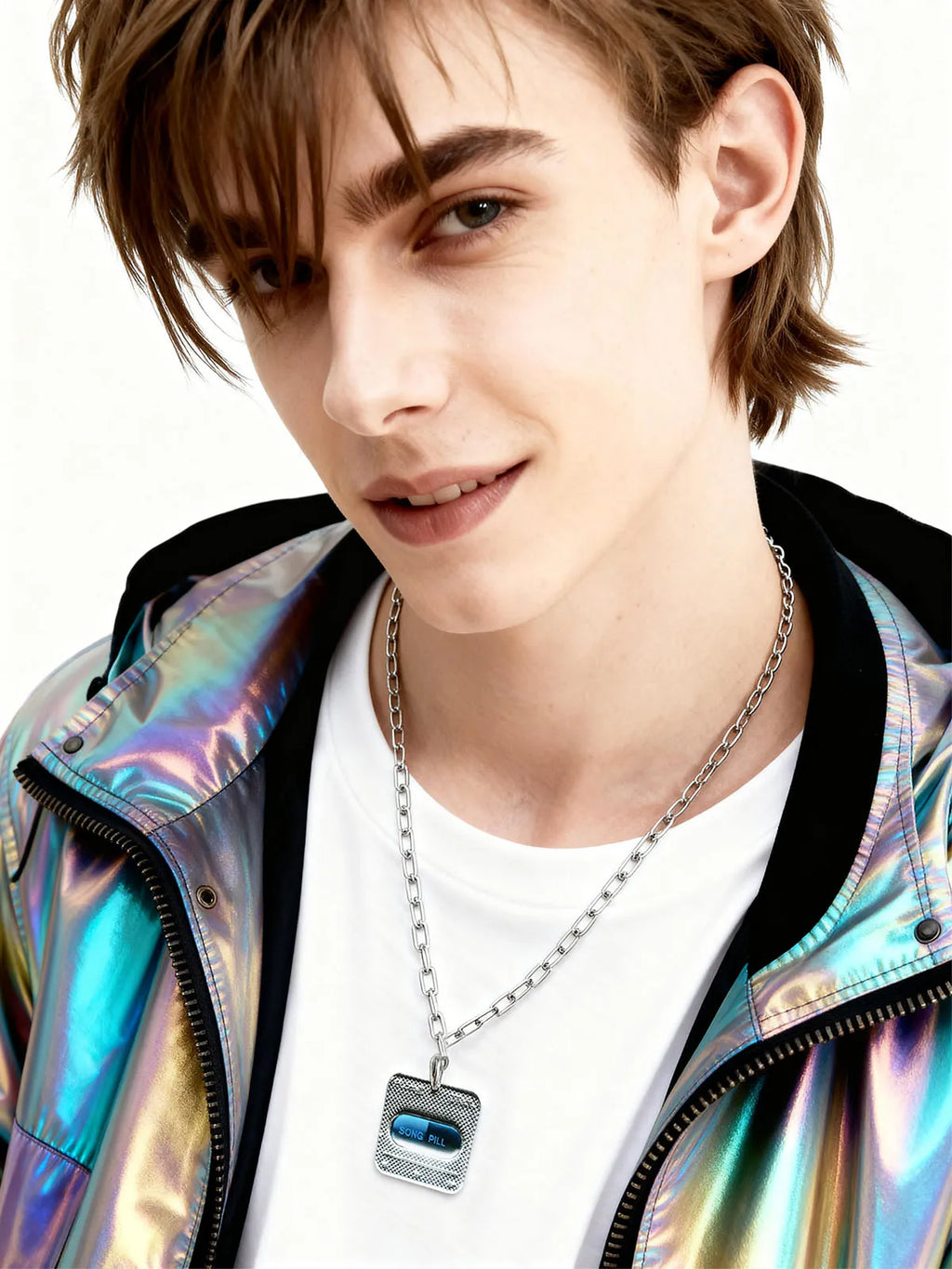 Y3K blue capsule NFC silver necklace worn by model, side view