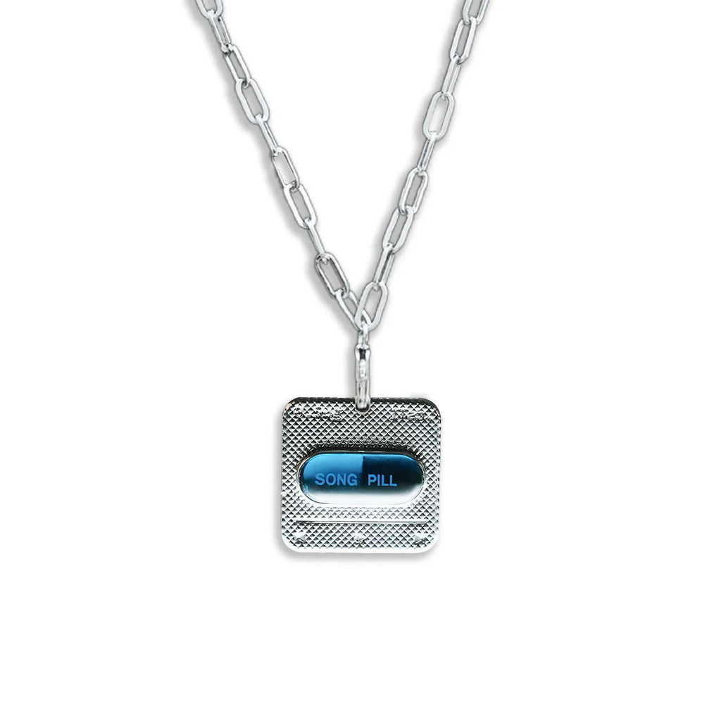 Y3K blue capsule NFC silver necklace on white background