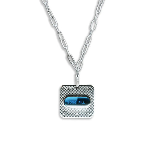 Y3K blue capsule NFC silver necklace on white background