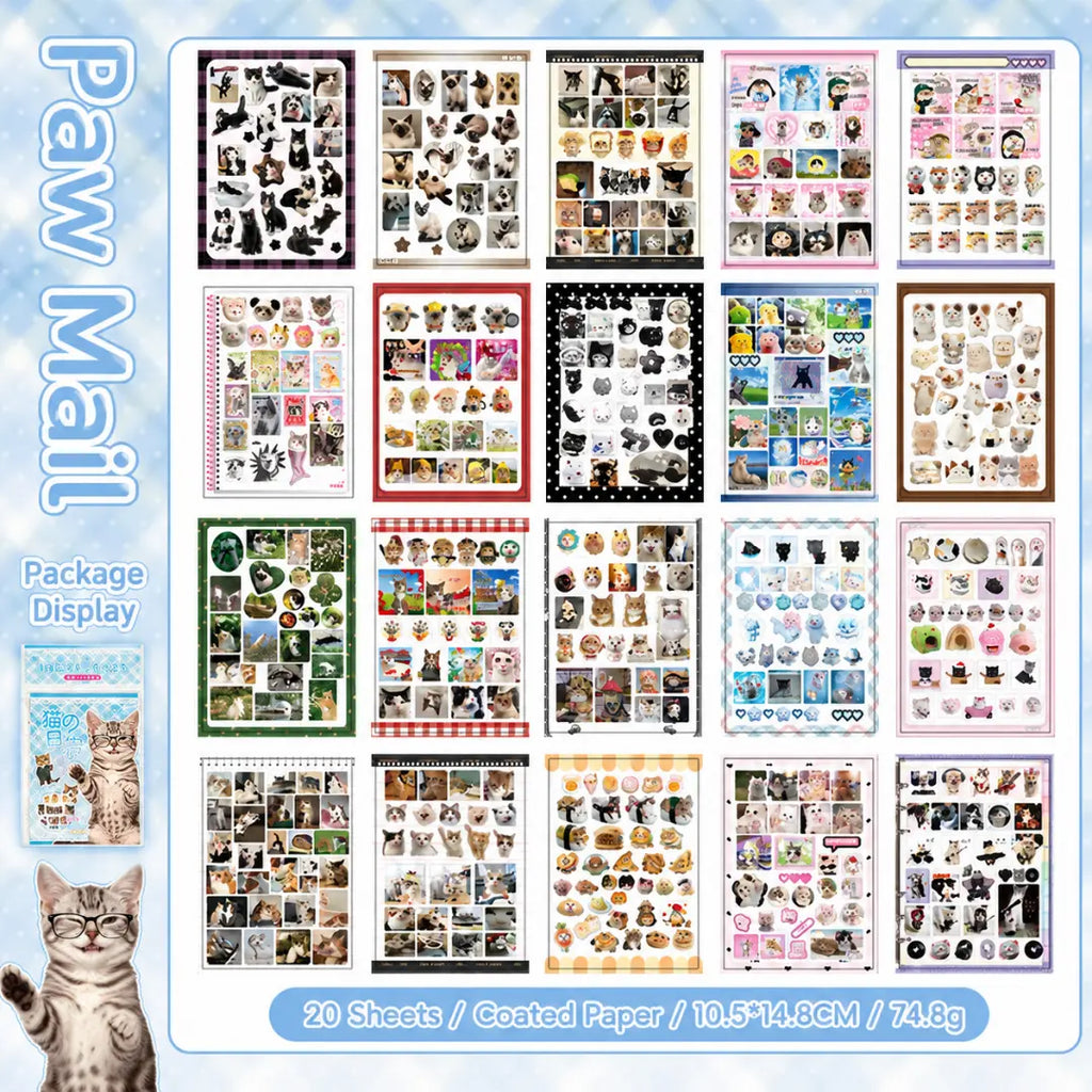 Blue Cat’s Day sticker book overview showing 20 coated paper sticker sheets with cats, paws, photo frames, and soft blue decorative details