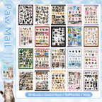 Blue Cat’s Day sticker book overview showing 20 coated paper sticker sheets with cats, paws, photo frames, and soft blue decorative details