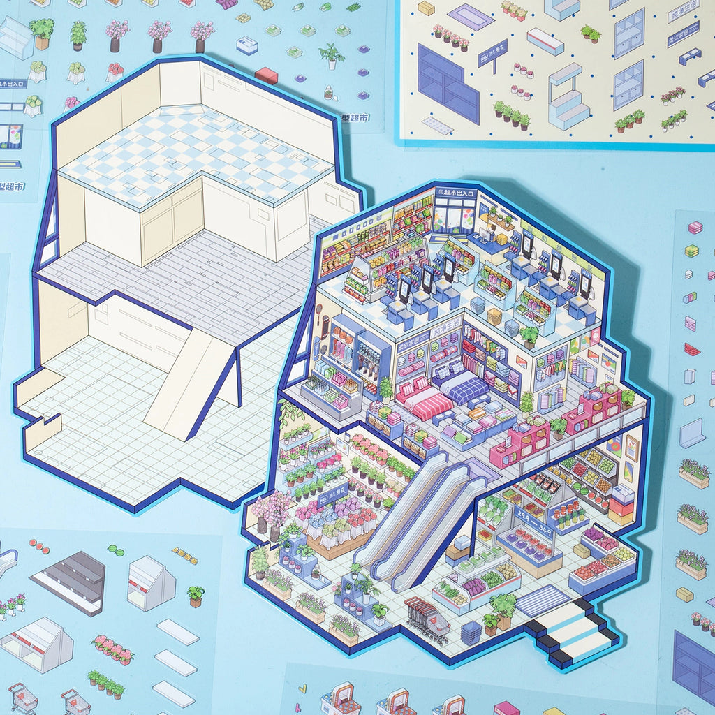 Assembly process of blue supermarket 3D miniature scene sticker book with background board, sticker pieces and completed shopping mall layout