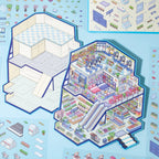 Assembly process of blue supermarket 3D miniature scene sticker book with background board, sticker pieces and completed shopping mall layout