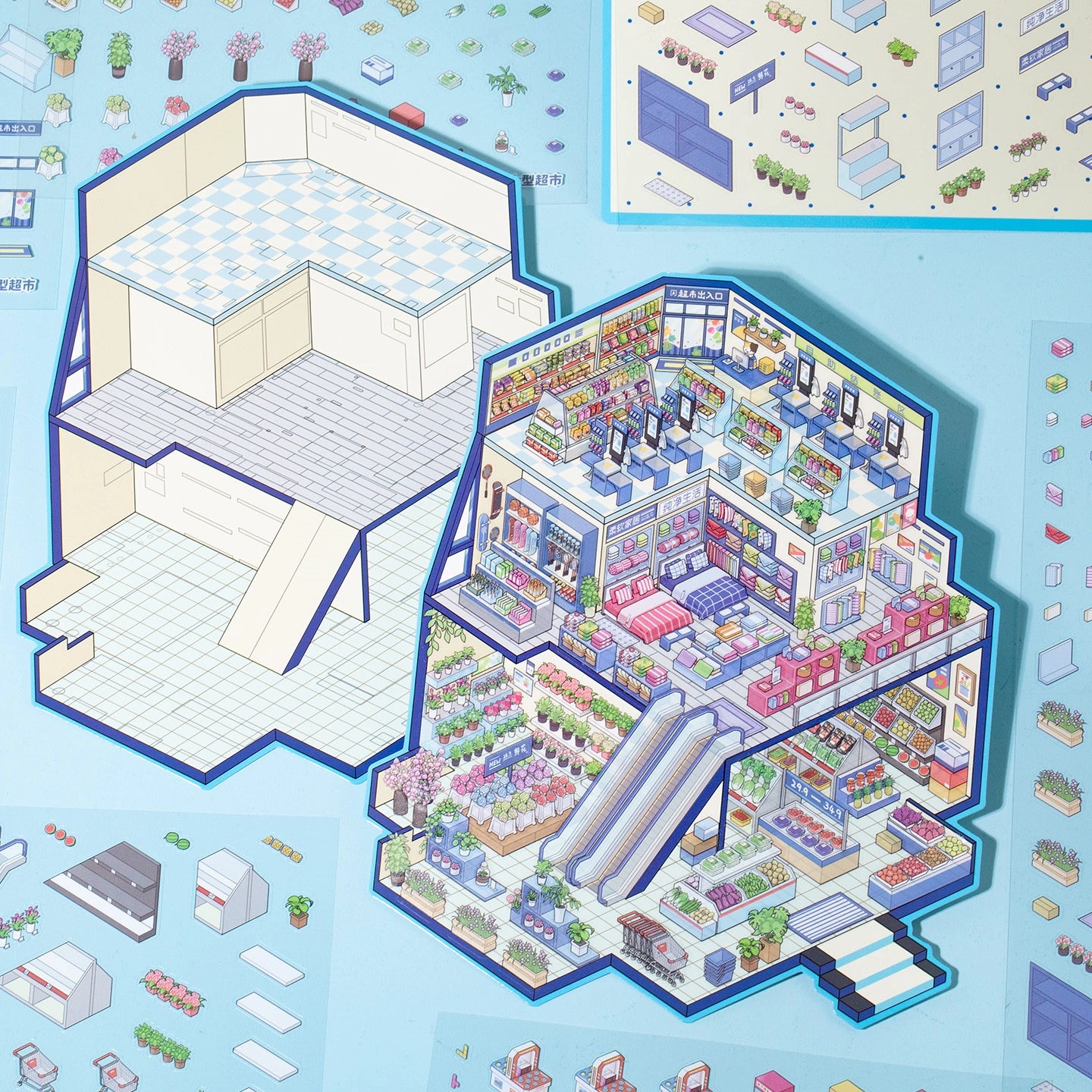 Assembly process of blue supermarket 3D miniature scene sticker book with background board, sticker pieces and completed shopping mall layout