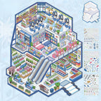 Blue Supermarket Story 3D scene sticker book set showing a large shopping mall layout, sticker sheets and assembly background