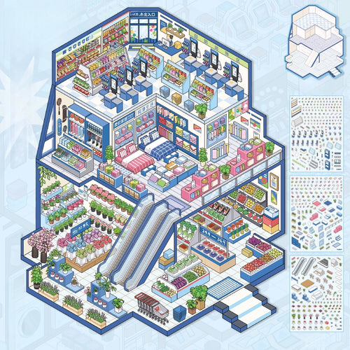 Blue Supermarket Story 3D scene sticker book set showing a large shopping mall layout, sticker sheets and assembly background