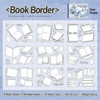 Book Border journaling sticker booklet overview showing 18 sheets with book-shaped frames and monochrome writable layouts