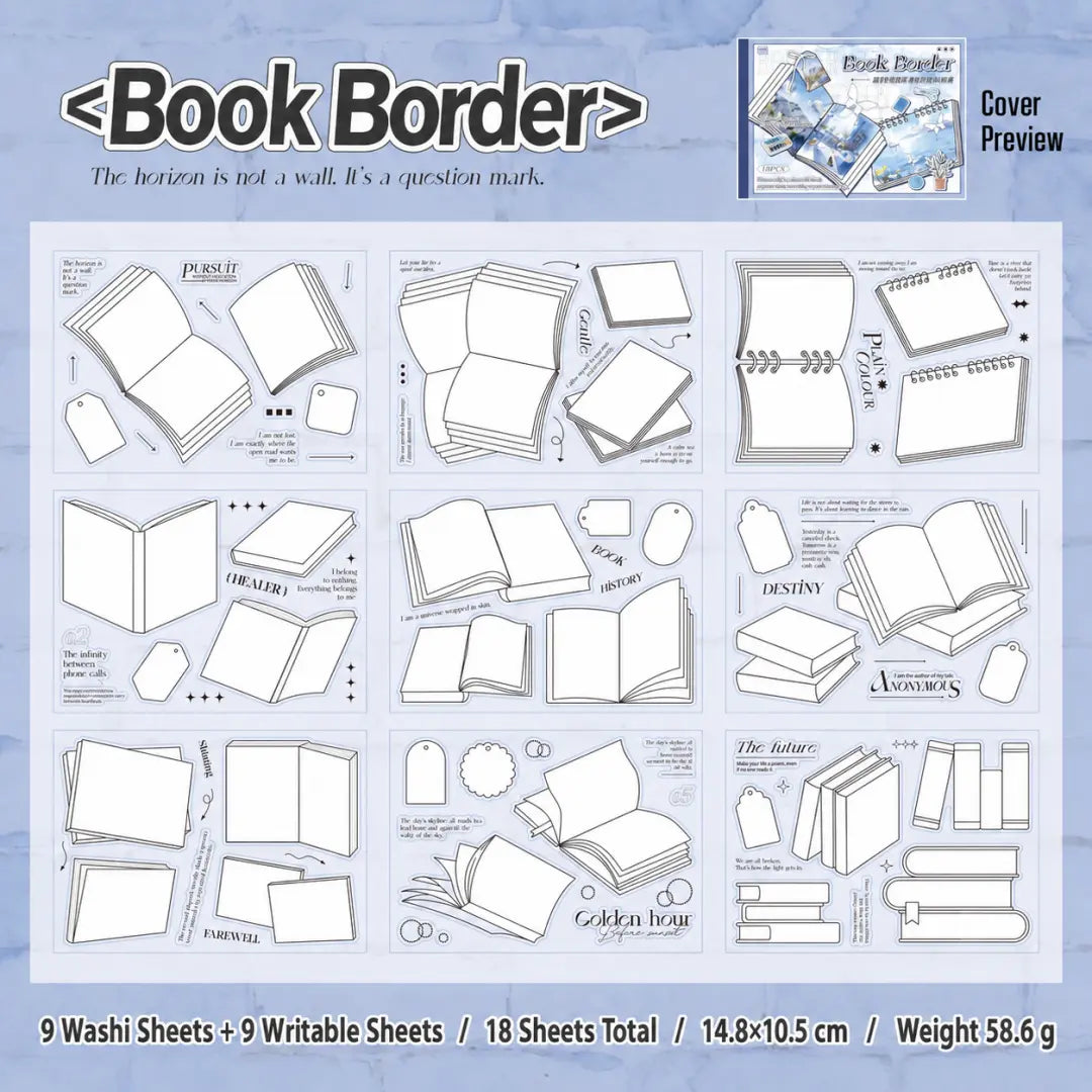Book Border journaling sticker booklet overview showing 18 sheets with book-shaped frames and monochrome writable layouts