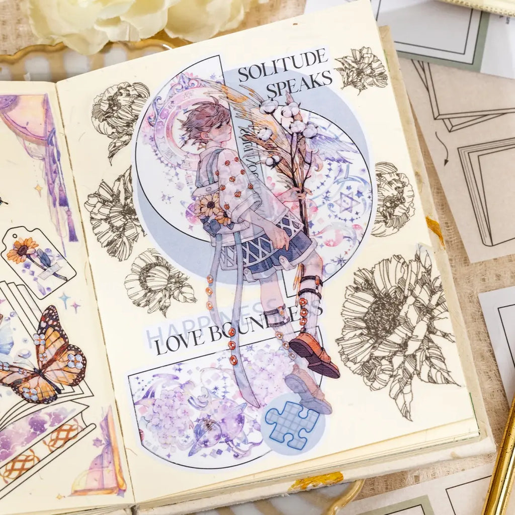 Journal page decorated with Book Border stickers, floral line art, layered collage elements, and an illustrated character