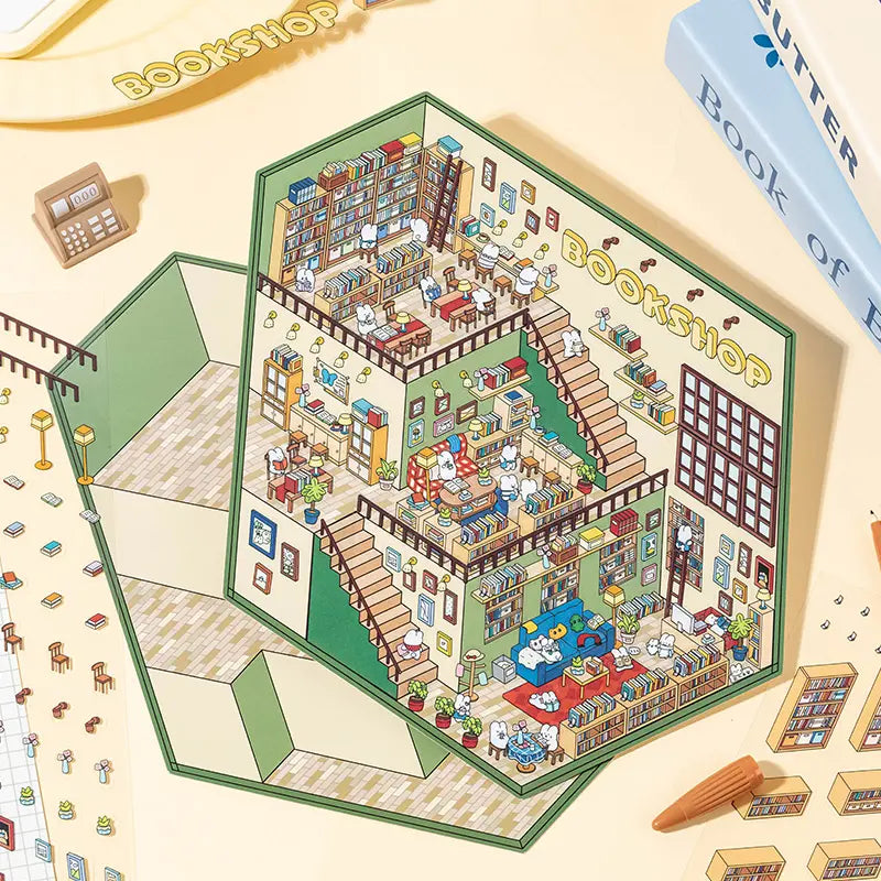 Bookshop 3D Scene Sticker Kit with completed miniature bookstore scene