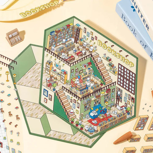 Bookshop 3D Scene Sticker Kit with completed miniature bookstore scene