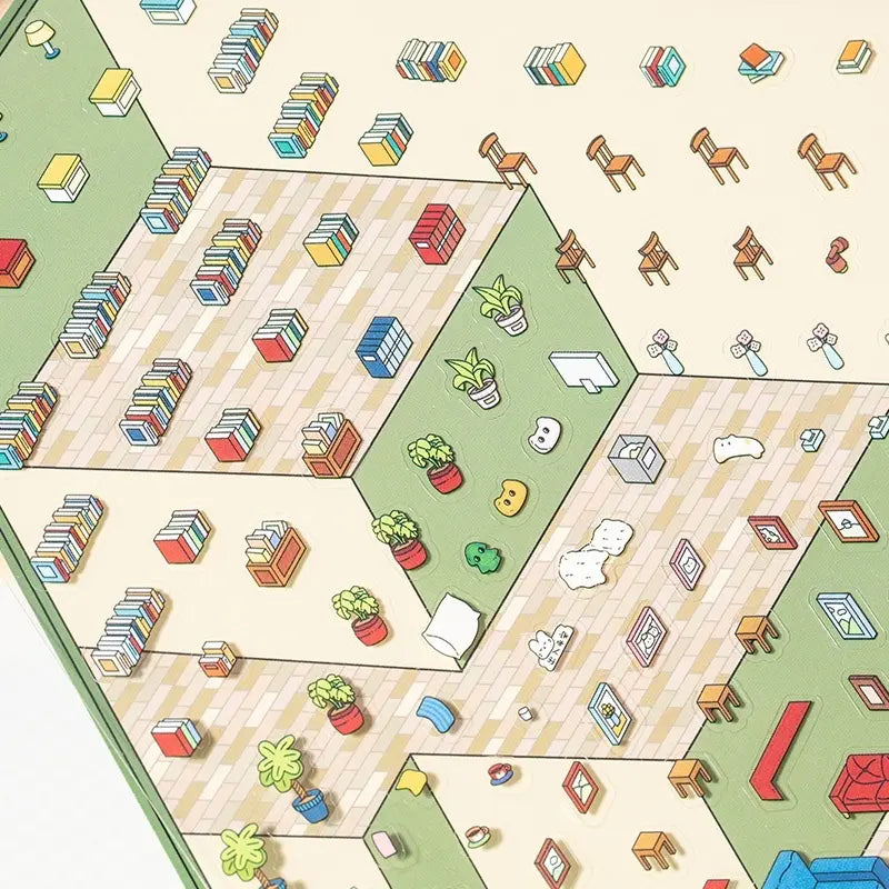 Close-up of PET sticker sheet with bookshelves, plants, chairs, and bookstore details