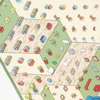 Close-up of PET sticker sheet with bookshelves, plants, chairs, and bookstore details