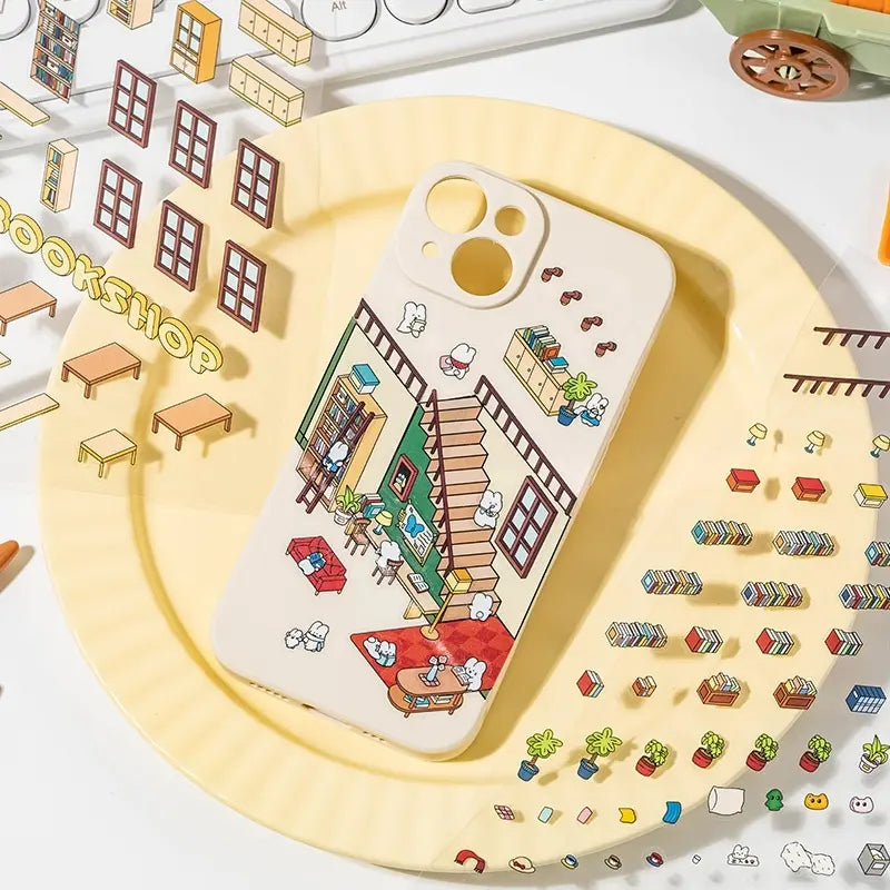 Bookshop sticker scene used as decoration on a phone case