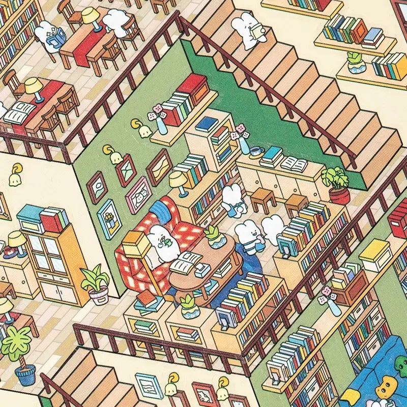 Reading area detail from Bookshop 3D Scene Sticker Kit with bookshelves, tables, and staircase