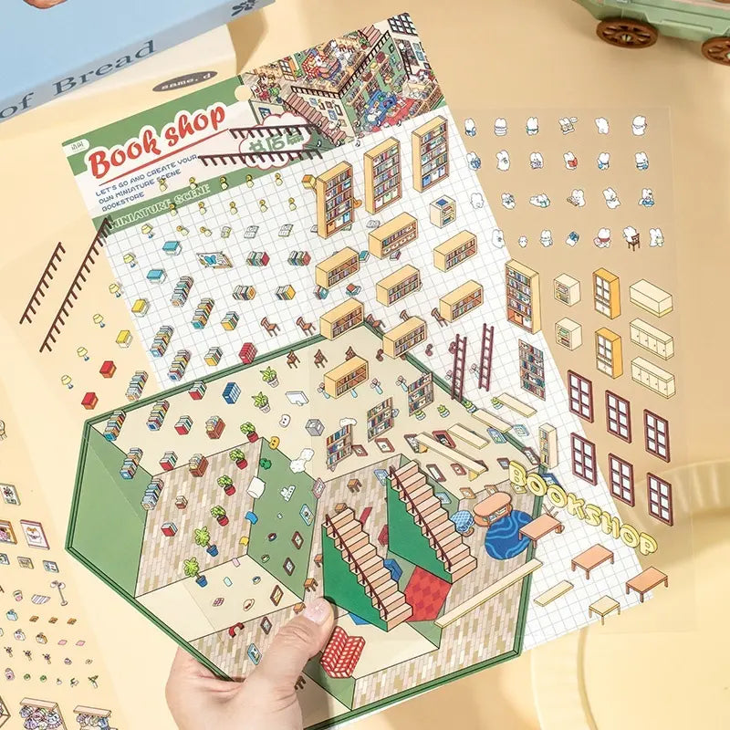 Bookshop scene card and PET sticker sheets for building a miniature bookstore scene