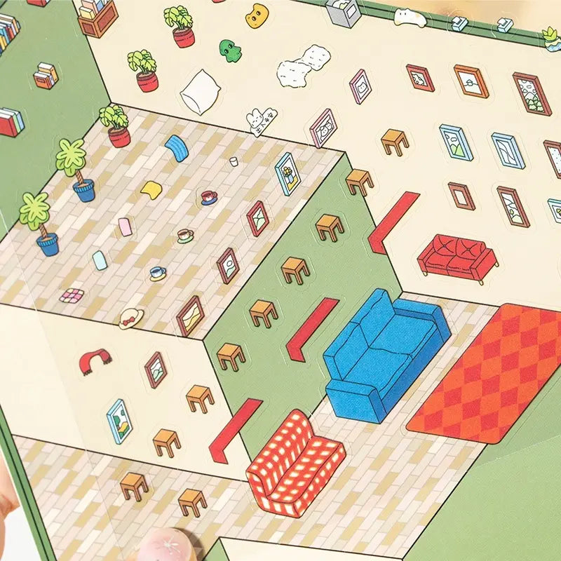 Bookshop scene card layout with sofa, books, plants, and small room stickers