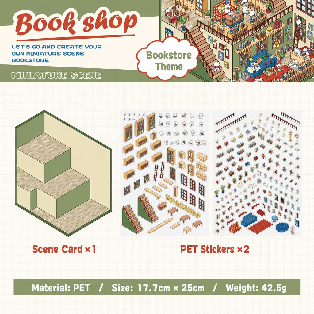 Bookshop scene sticker kit contents with one scene card and two PET sticker sheets