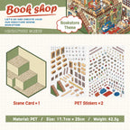 Bookshop scene sticker kit contents with one scene card and two PET sticker sheets